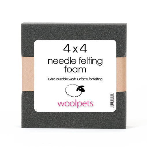 4x4 charcoal needle felting foam with woolpets branding on a white background