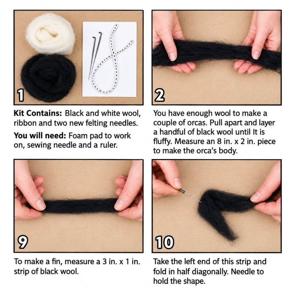 Photo instructions for how to make a felted orca
