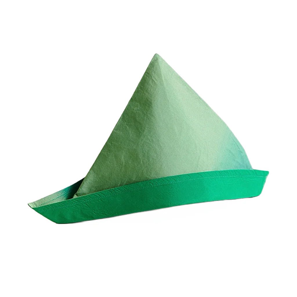 Green silk Peter Pan hat on a white background