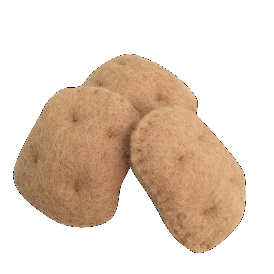3 felted potatoes on a white background