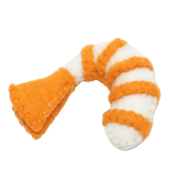 Felted prawn on a white background