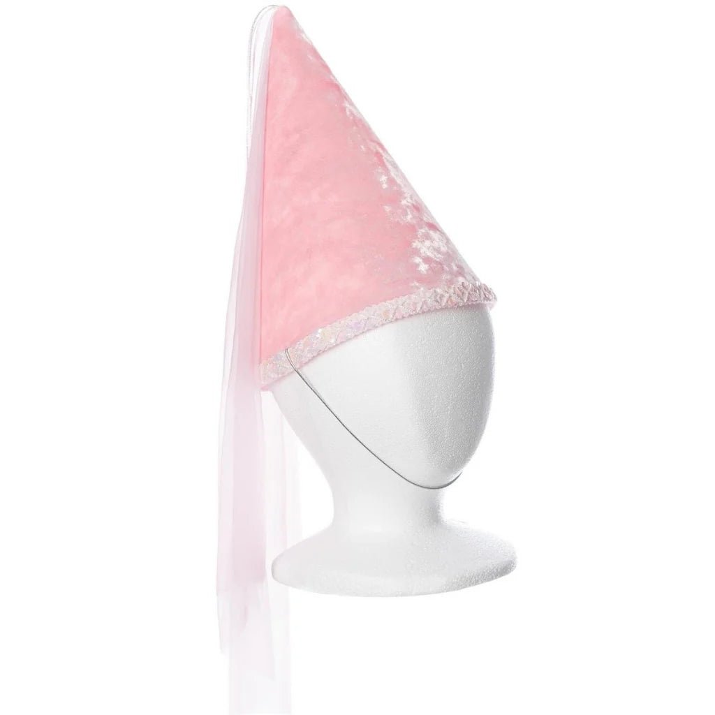 Pink princess hat on a white mannequin head with a white background