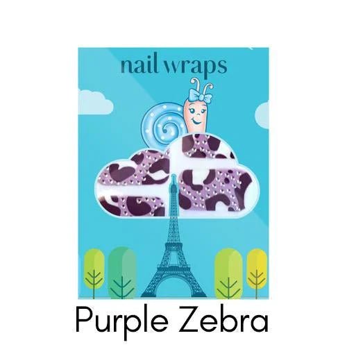 Snails brand packaging of Purple Zebra nail wraps with a cartoon character and Eiffel Tower illustration on a blue background.