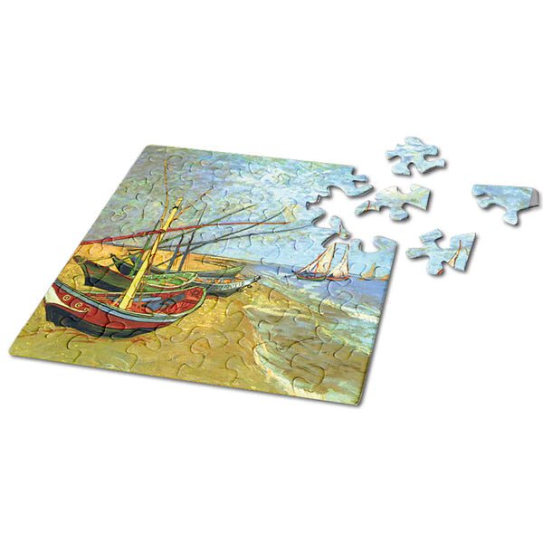 Jigsaw puzzle with a Van Gogh painting of boats on a beach, with missing pieces.
