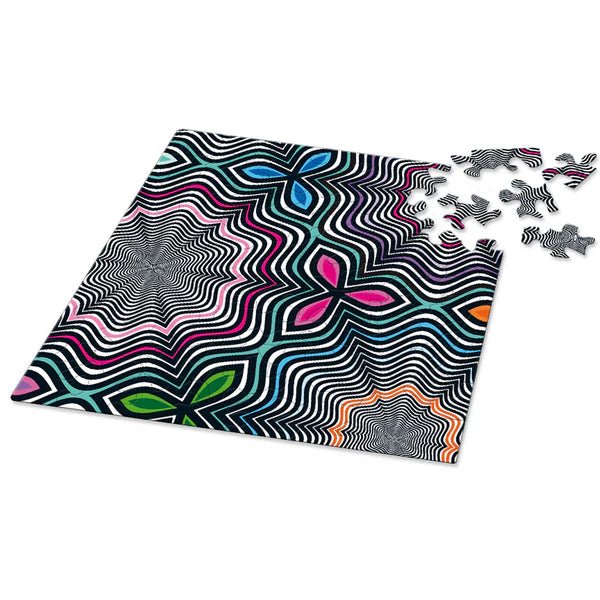 Jigsaw puzzle with a colorful, abstract design on a white background