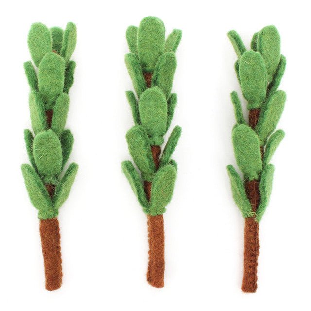 3 felted sprigs of rosemary on a white background