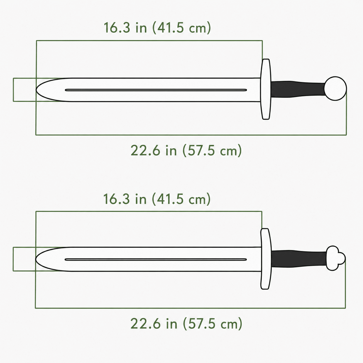 measurements of two woodsy swords 22.6" long