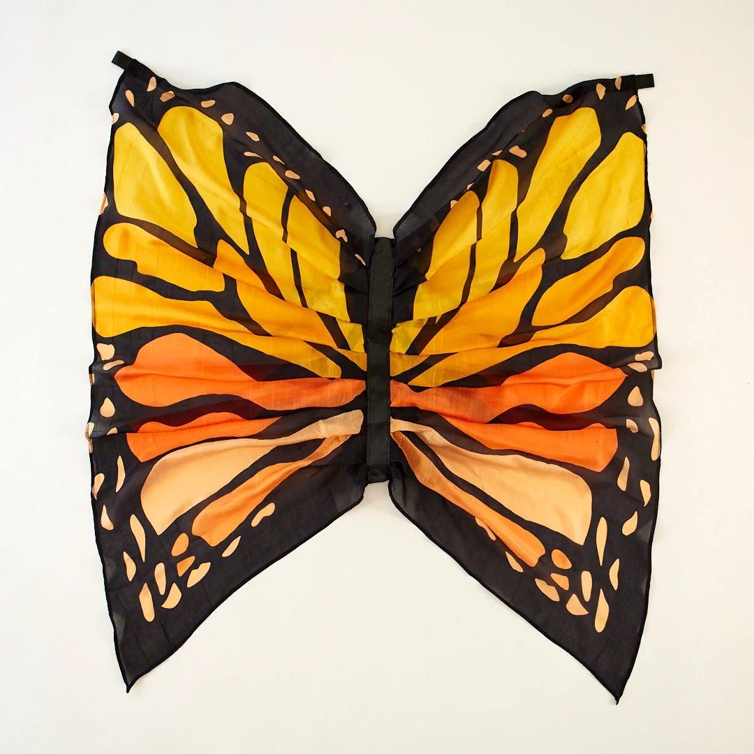 Butterfly wings with orange, black, and yellow pattern on a white background