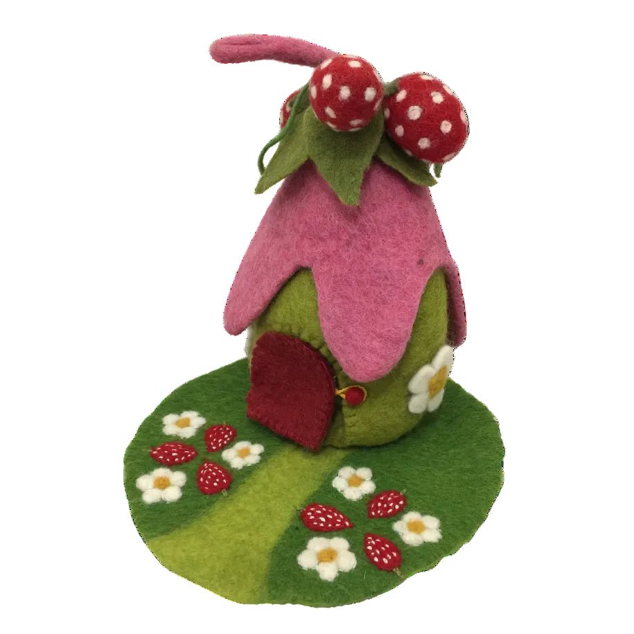 Felt strawberry house with mat on a white background