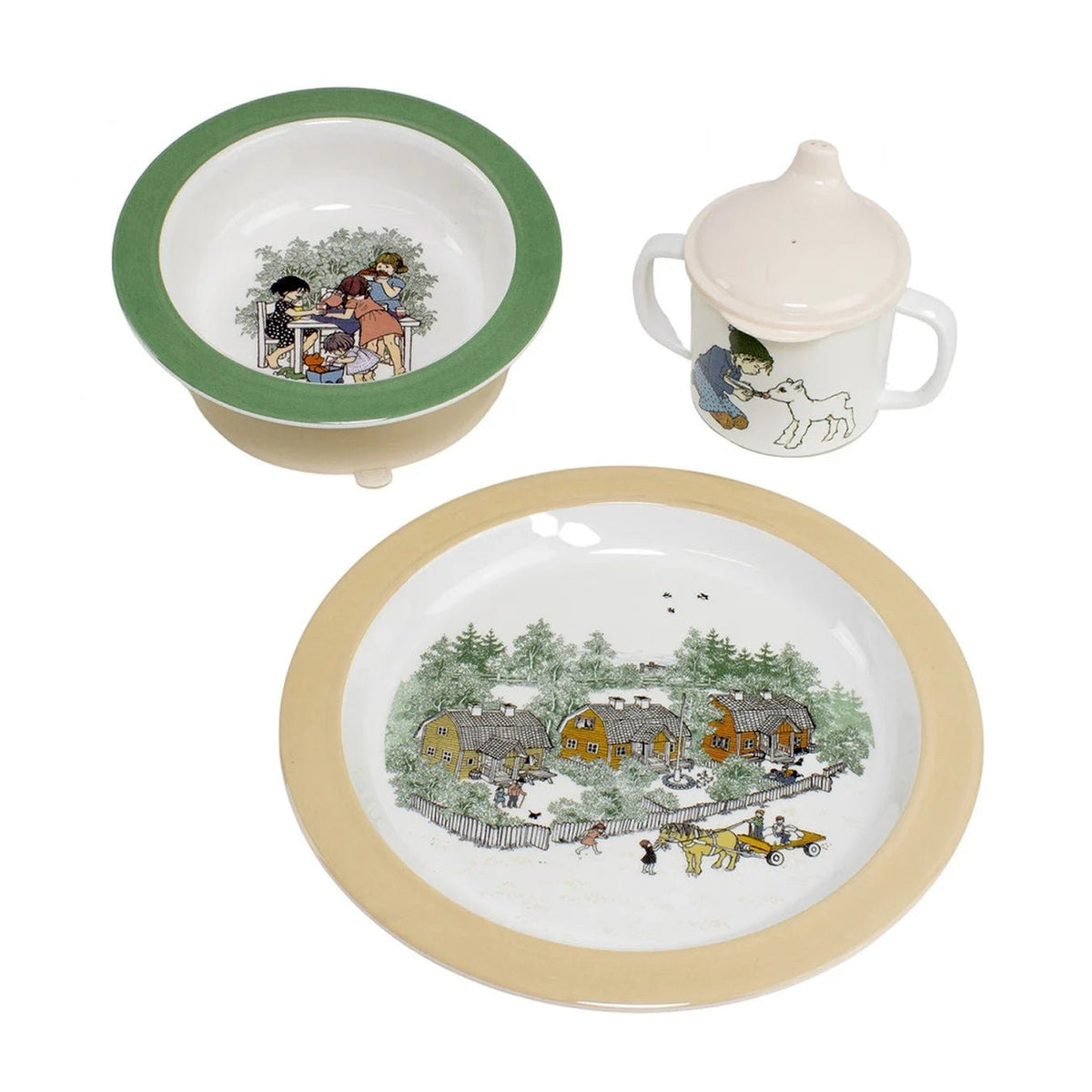 Set of melamine dishware featuring art from Children of Noisy Village on a white background