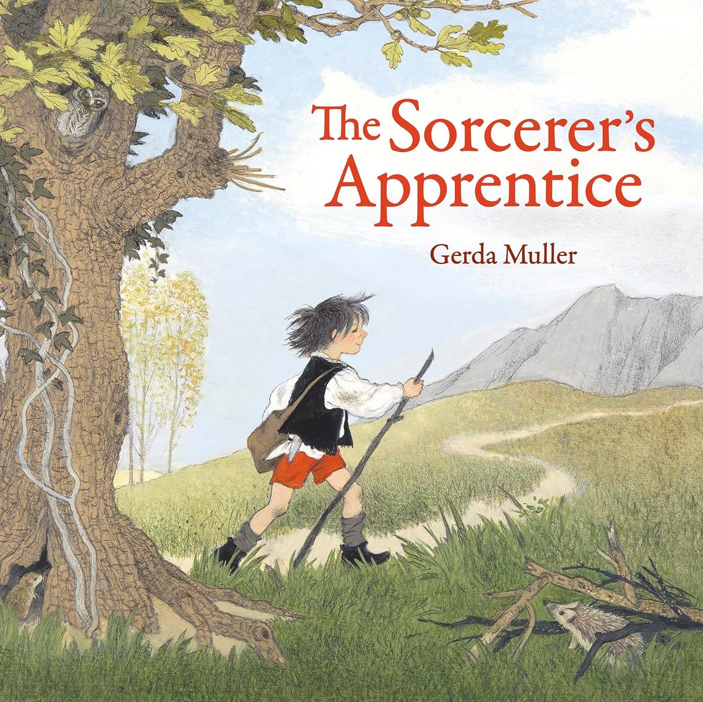 Book cover of 'The Sorcerer's Apprentice' with a boy holding a stick near a tree and mountains.