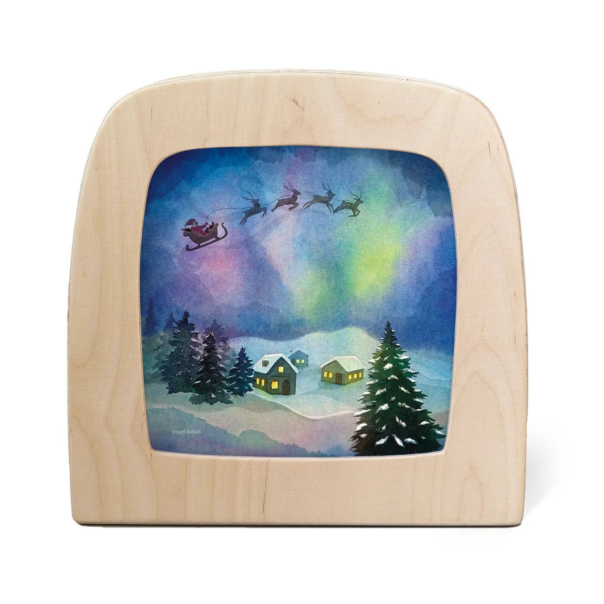 Toverlux lamp featuring a painted winter scene with snow-covered cabins, evergreen trees, Santa's sleigh, and colorful aurora lights in the night sky.