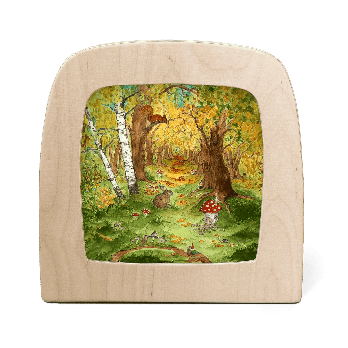 Autumn forest scene featuring a bunny and a mushroom house