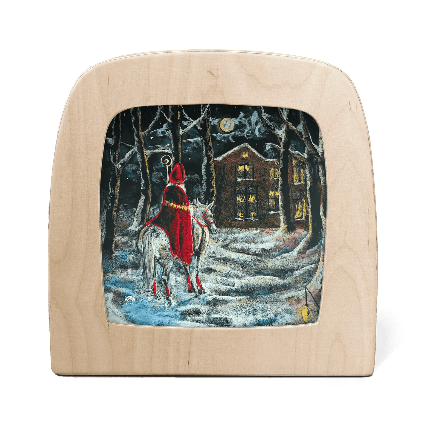 Wooden Toverlux frame with a winter scene painting of a person in a red coat on a horse.