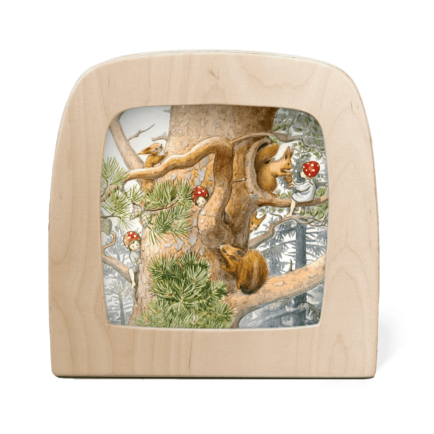 Wooden frame with silhouette of children and squirrels playing in a tree on a white background