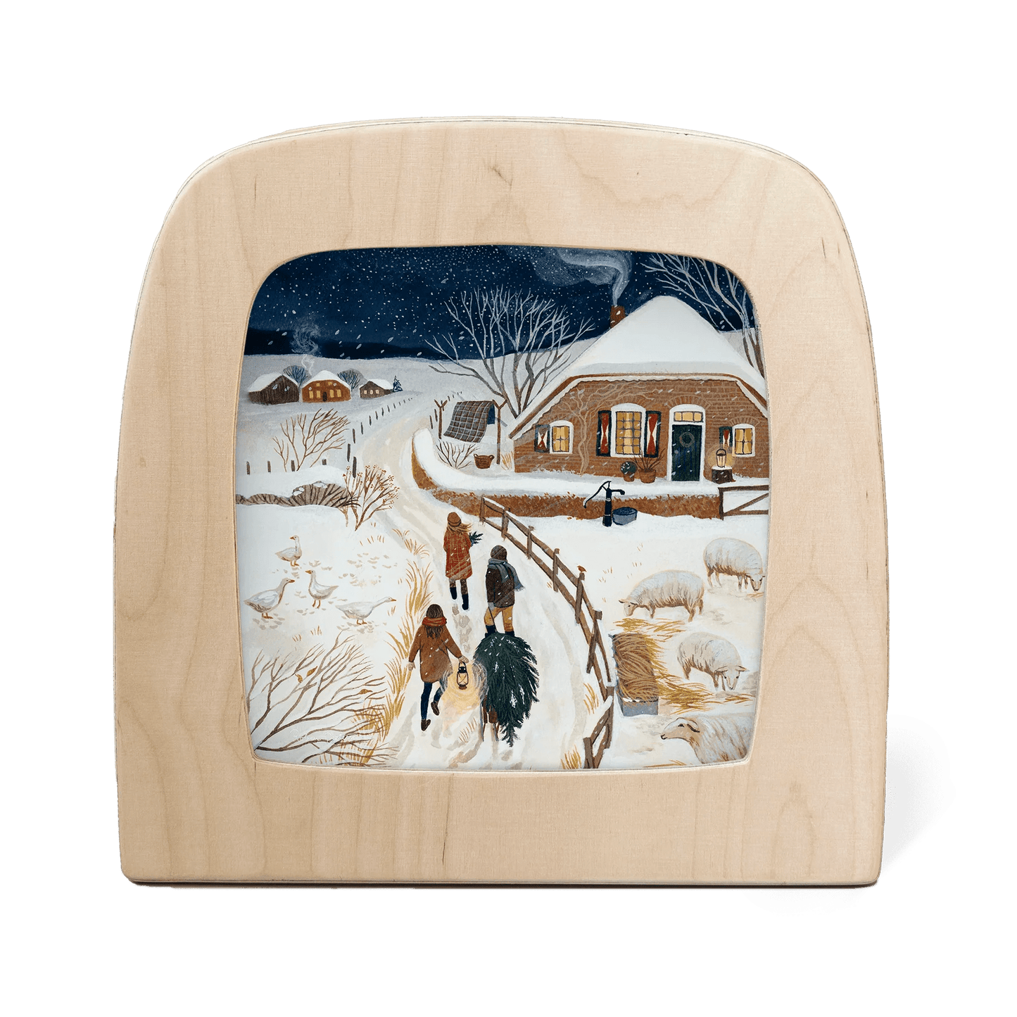 Silhouette of a winter scene painting of people walking in a snowy landscape.