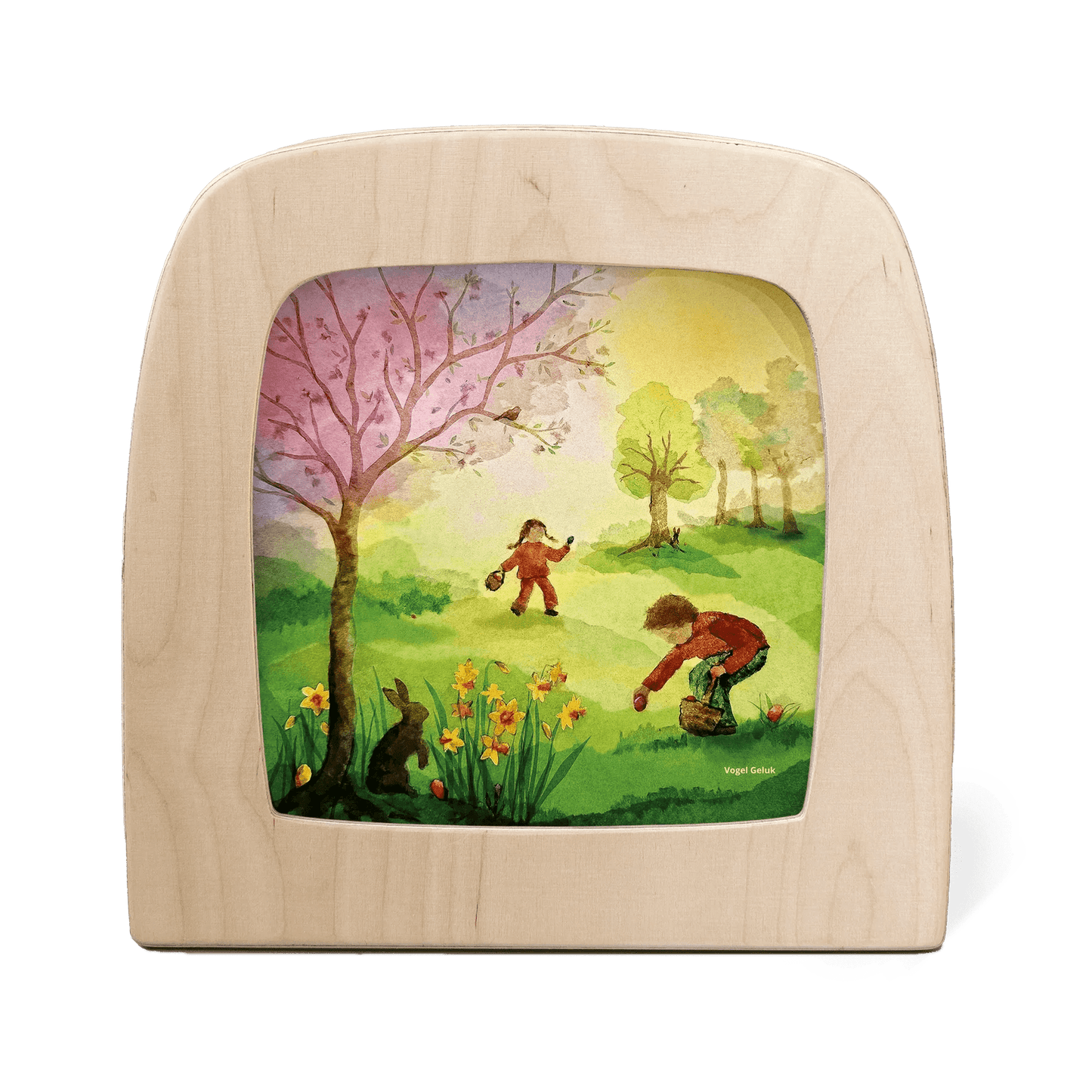 Two children having an Easter egg hunt in a colorful field