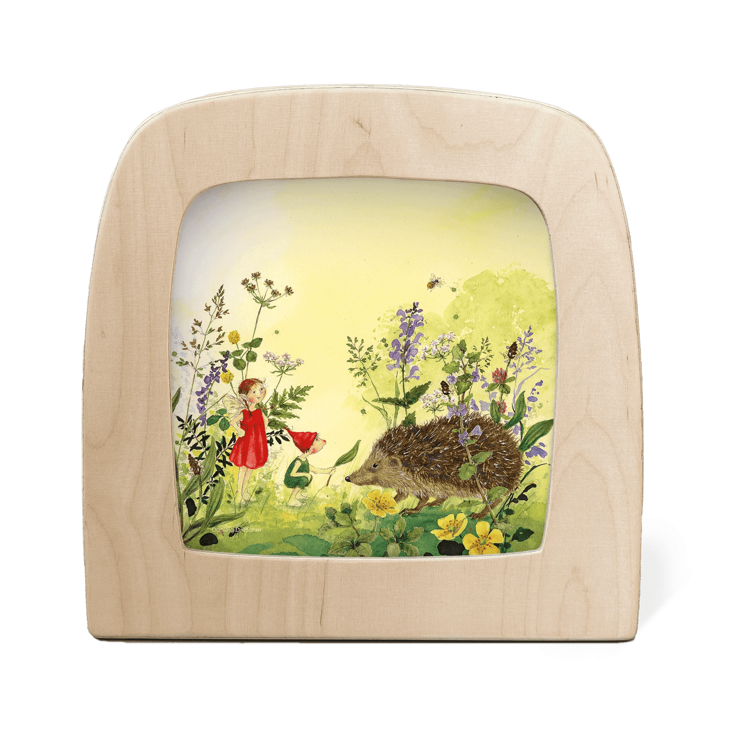 Wooden frame with a fairy and hedgehog illustration on a white background
