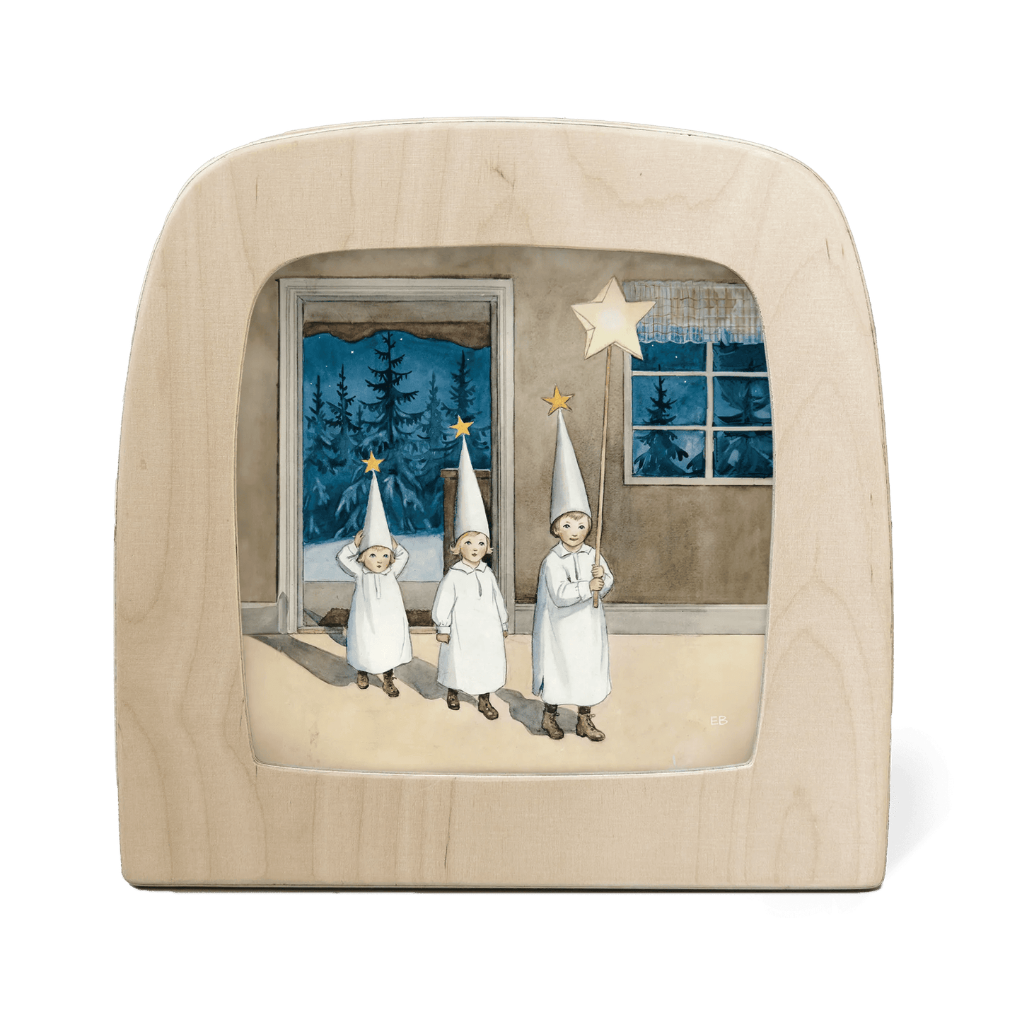 Silhouette of three children in white outfits and hats holding stars, set against a window view of trees.