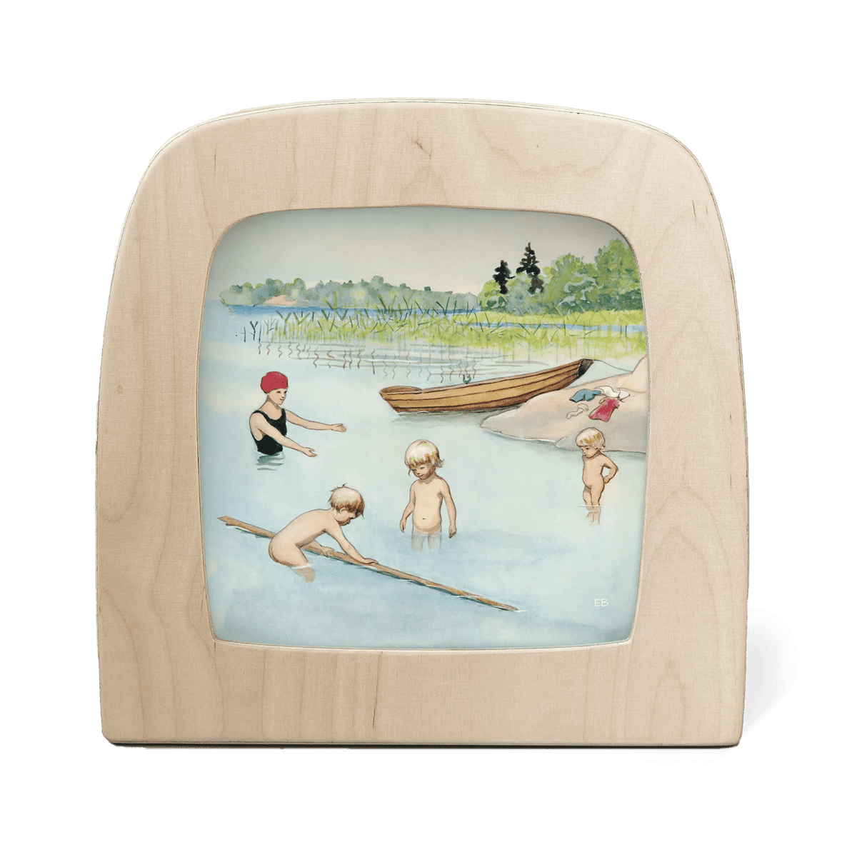 Wooden picture frame with a of children playing in a lake