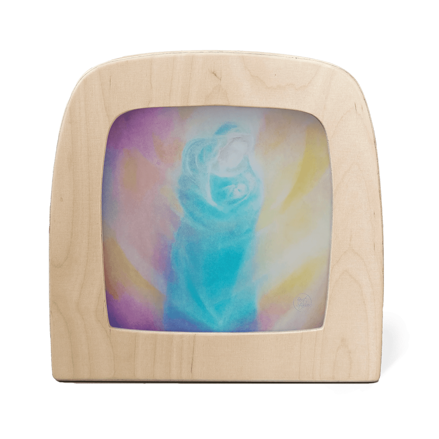 Wooden frame with a colorful abstract design inside on a white background