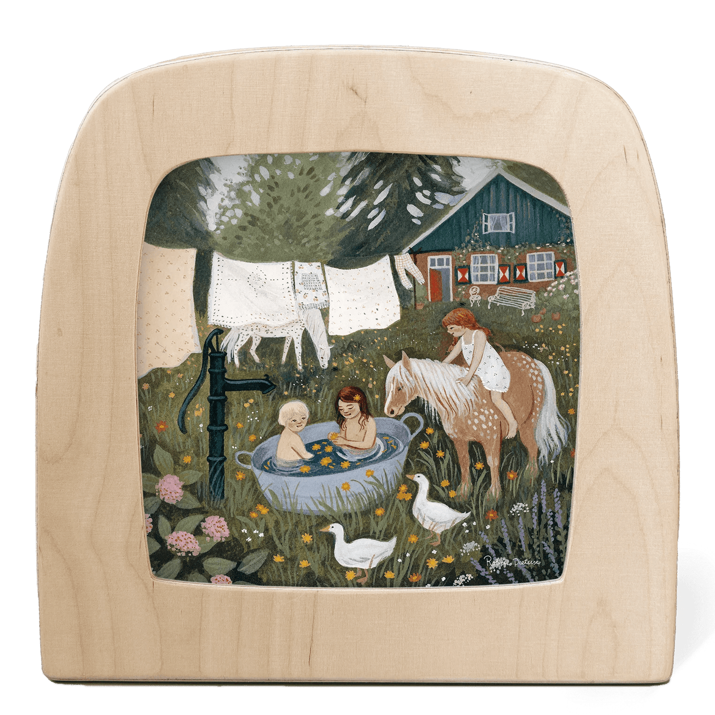 Silhouette of two children in a wash tub outside, with horses, laundry, and a house in the background