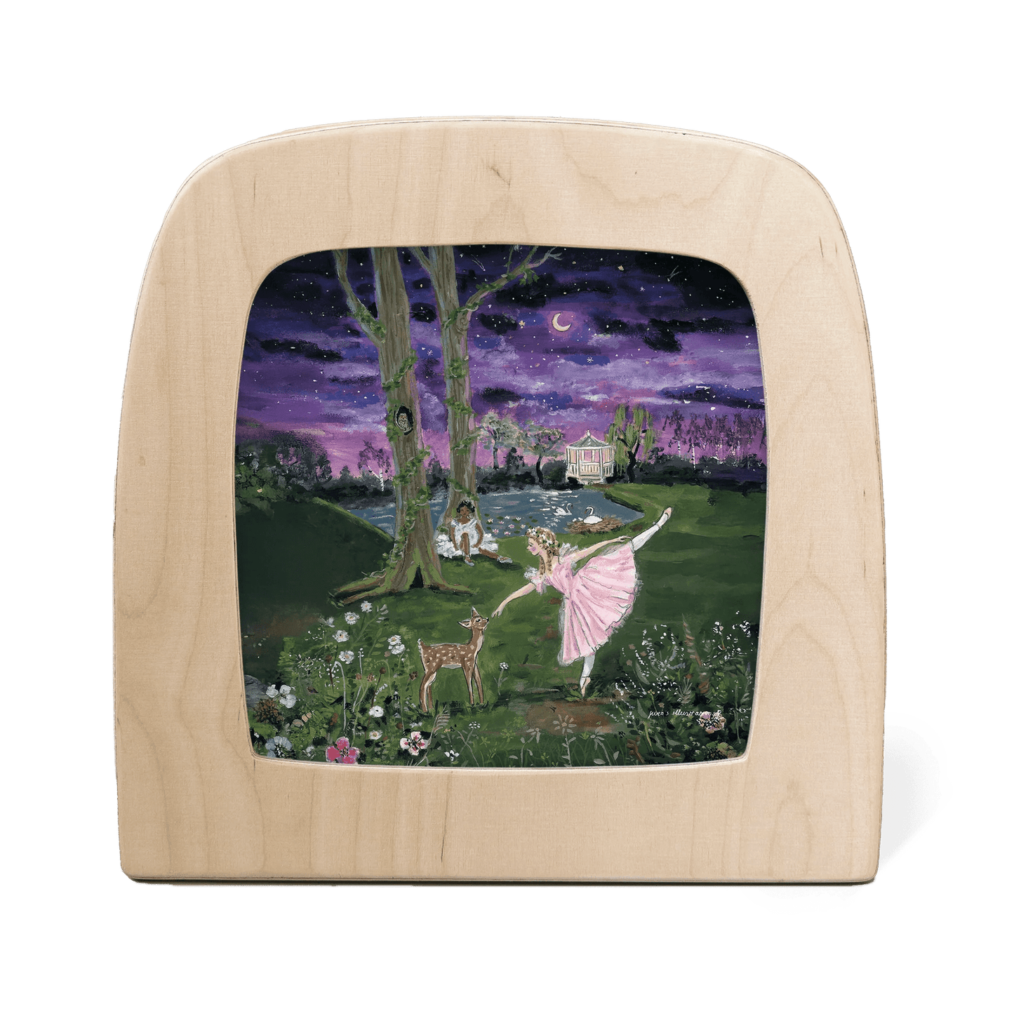 Silhouette with two ballerinas dancing in a meadow at night with fawn and swans