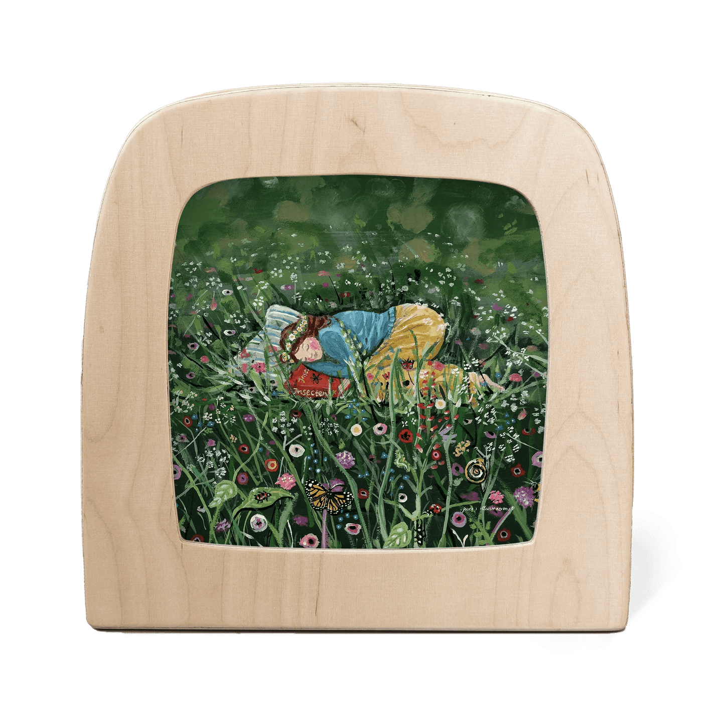 Wooden frame with silhouette of young girl sleeping in a green field surrounded by flowers and bugs