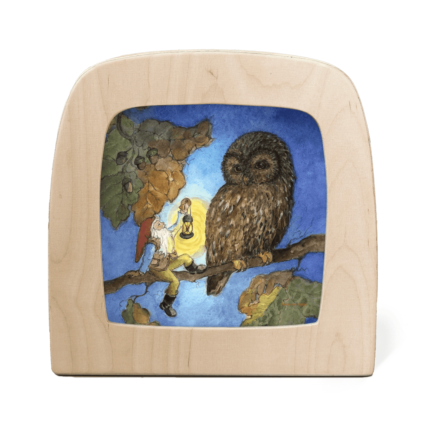 Silhouette of a dwarf holding a lantern sitting next to an owl perched on a branch
