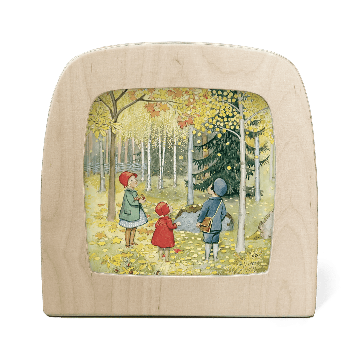 Three children stand in a forest full of yellow, orange, and gold leaves
