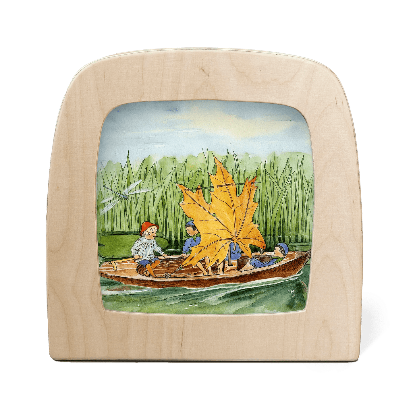 Wooden frame with a painted scene of children in a boat with a leaf sail on a white background