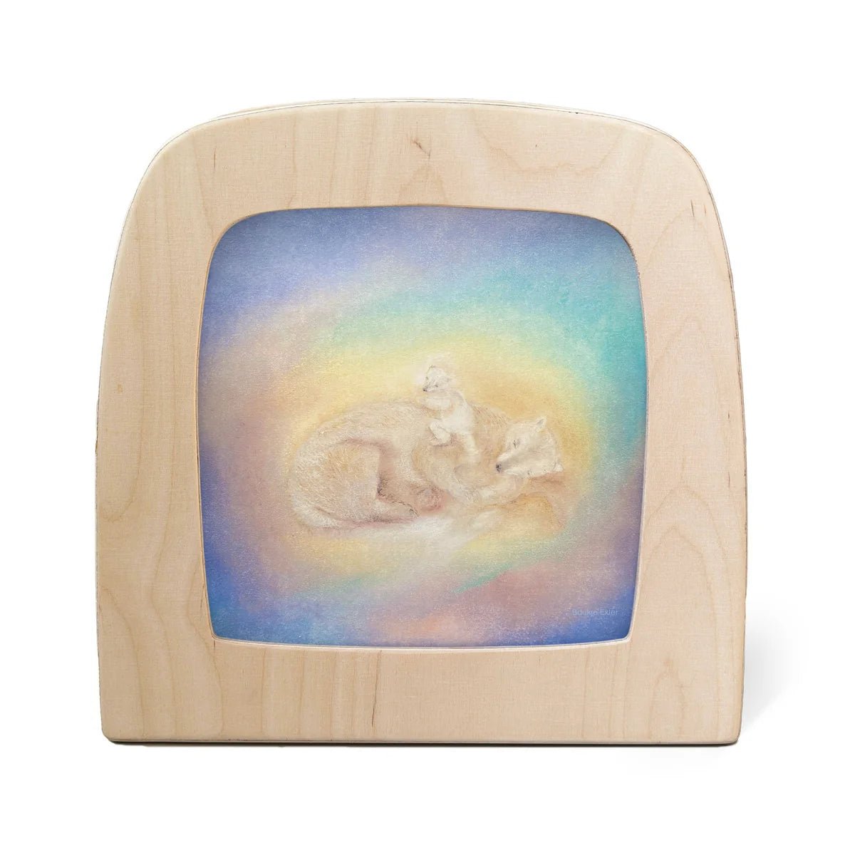 Toverlux lamp featuring a painted window scene of a white cat resting on clouds against a soft pastel sky of blue, yellow, and green.