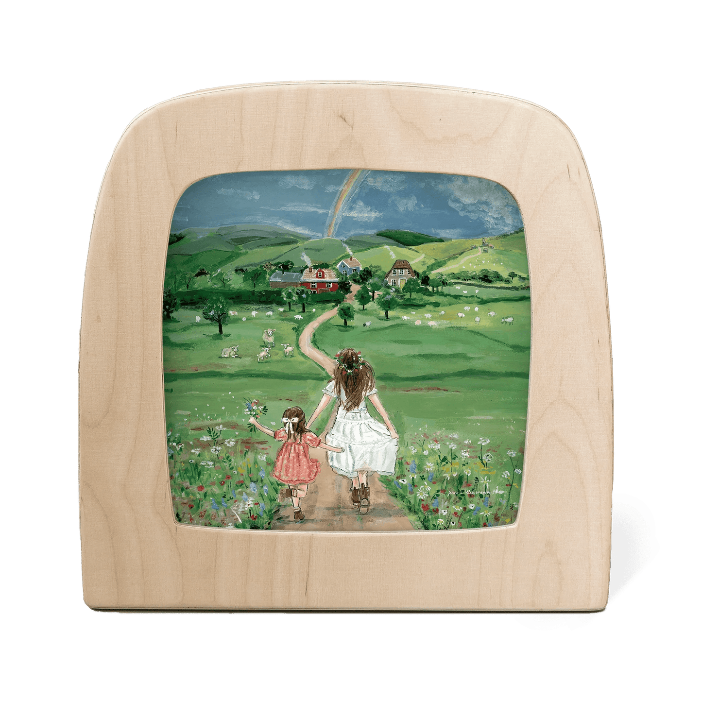 Wooden frame with a painted scene of two girls in a field with a rainbow in the background