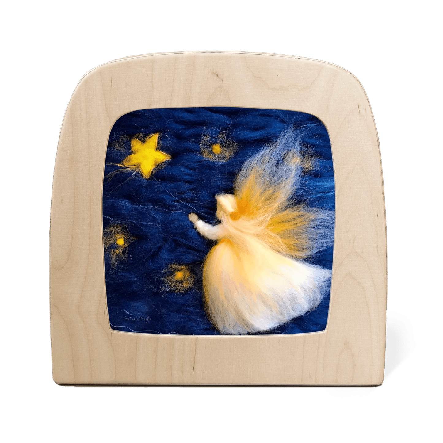 Wooden frame with a fairy and star design on a blue background