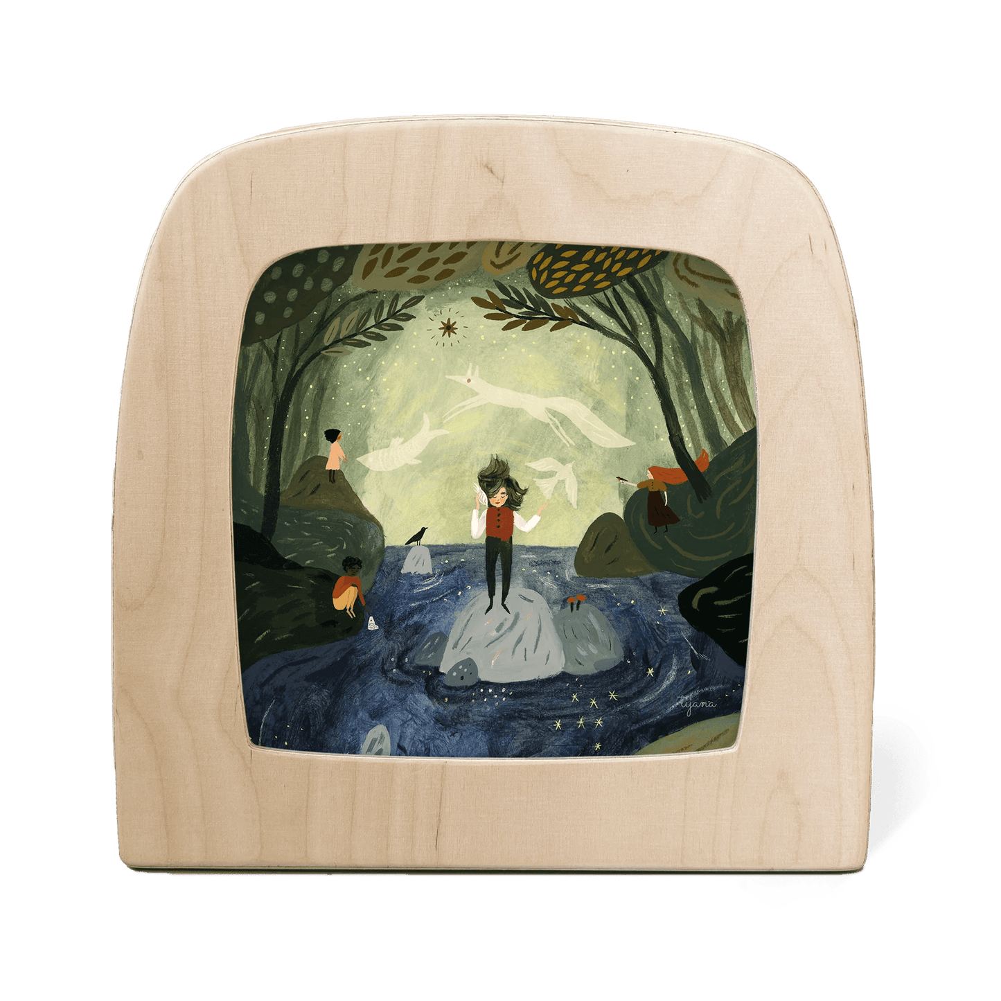 Wooden frame with a painted scene of a person standing on a rock in a forest.