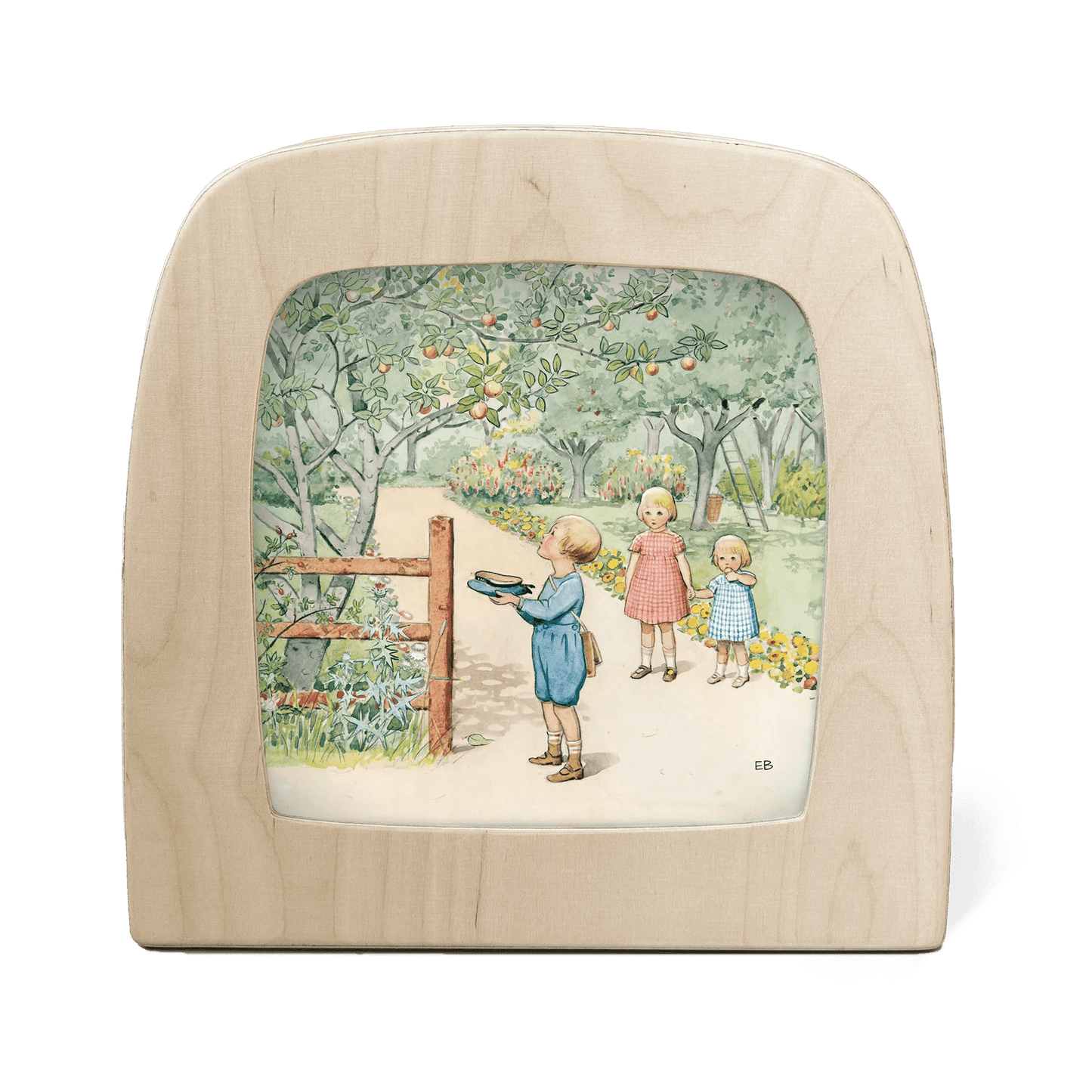 A little boy stands under an apple tree waiting for an apple to fall into his hat, while two little girls look on