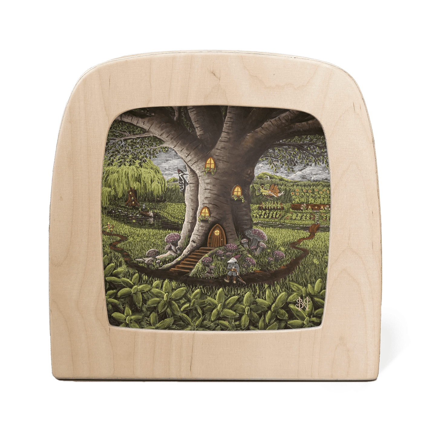 A gnome stands outside of a large tree that has been converted into a home with illuminated lights, in the middle of a field