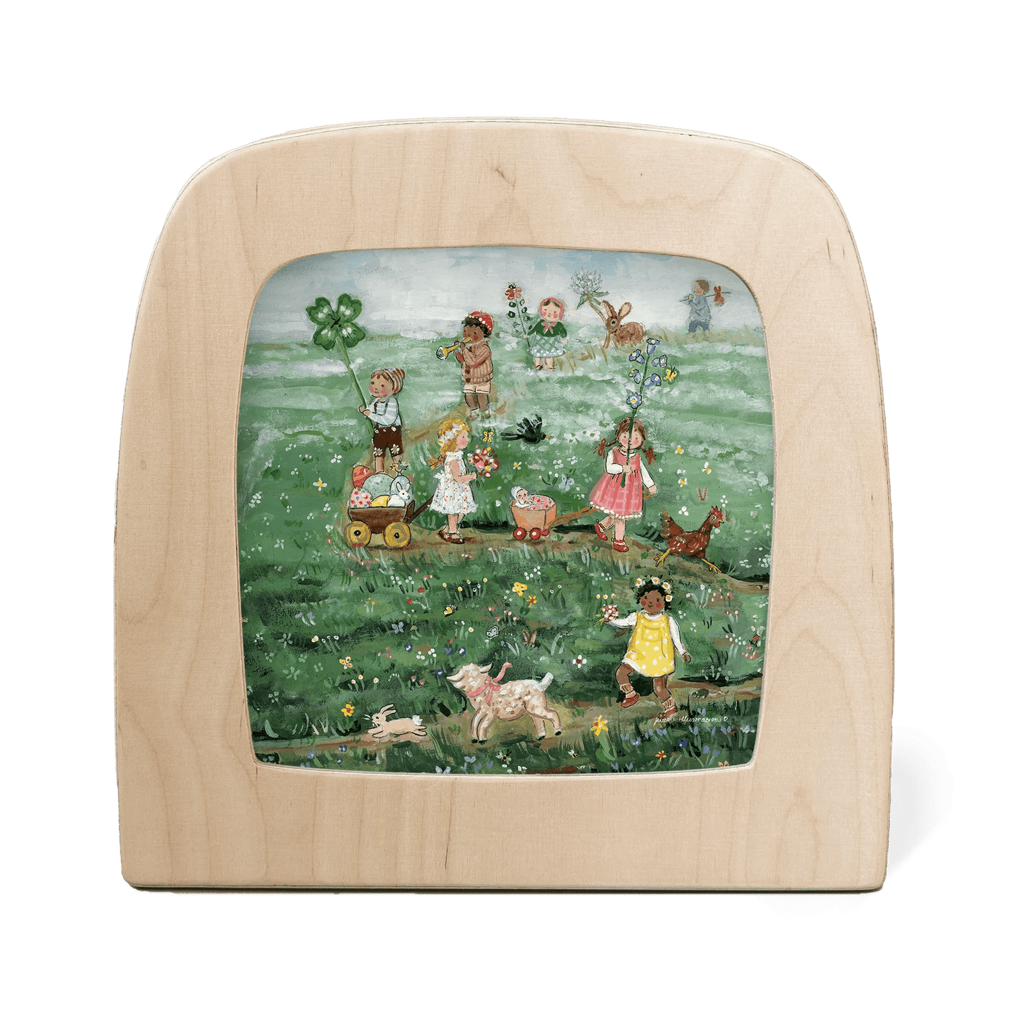 Silhouette of children and animals parading through a grassy meadow
