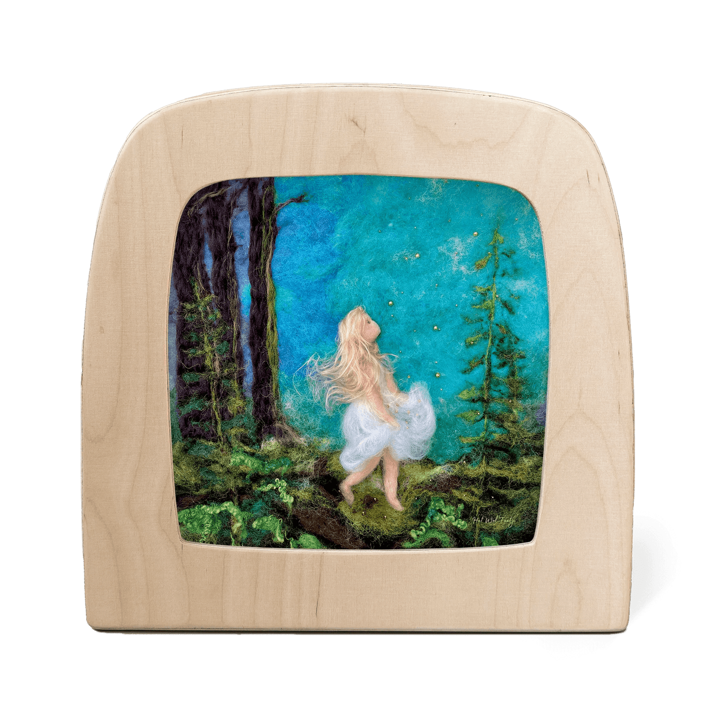Scene of a girl looking up at the starry sky in a wooden frame