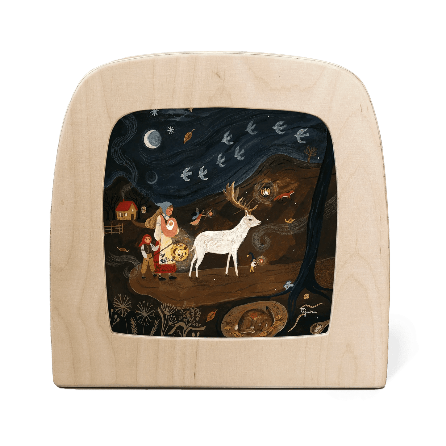 Silhouette of a white stag and a mother and child surrounded by birds and nature