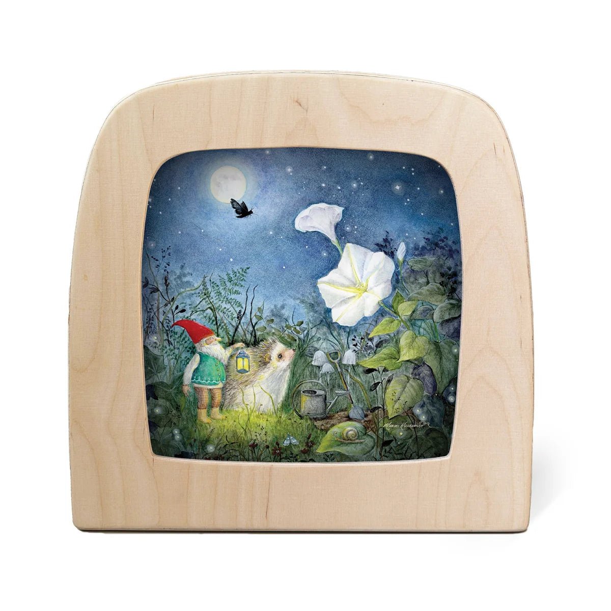 Toverlux lamp showcasing a colorful fantasy illustration of a garden gnome, a white flower, a frog, and a goblin under a full moon.