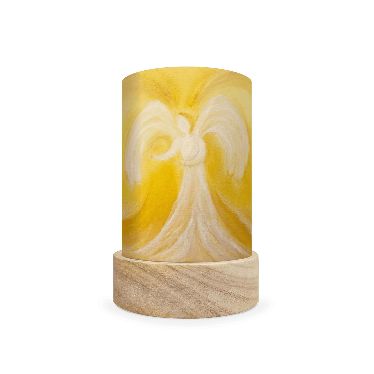 Decorative cylindrical lamp featuring a scene of an angel on a yellow background