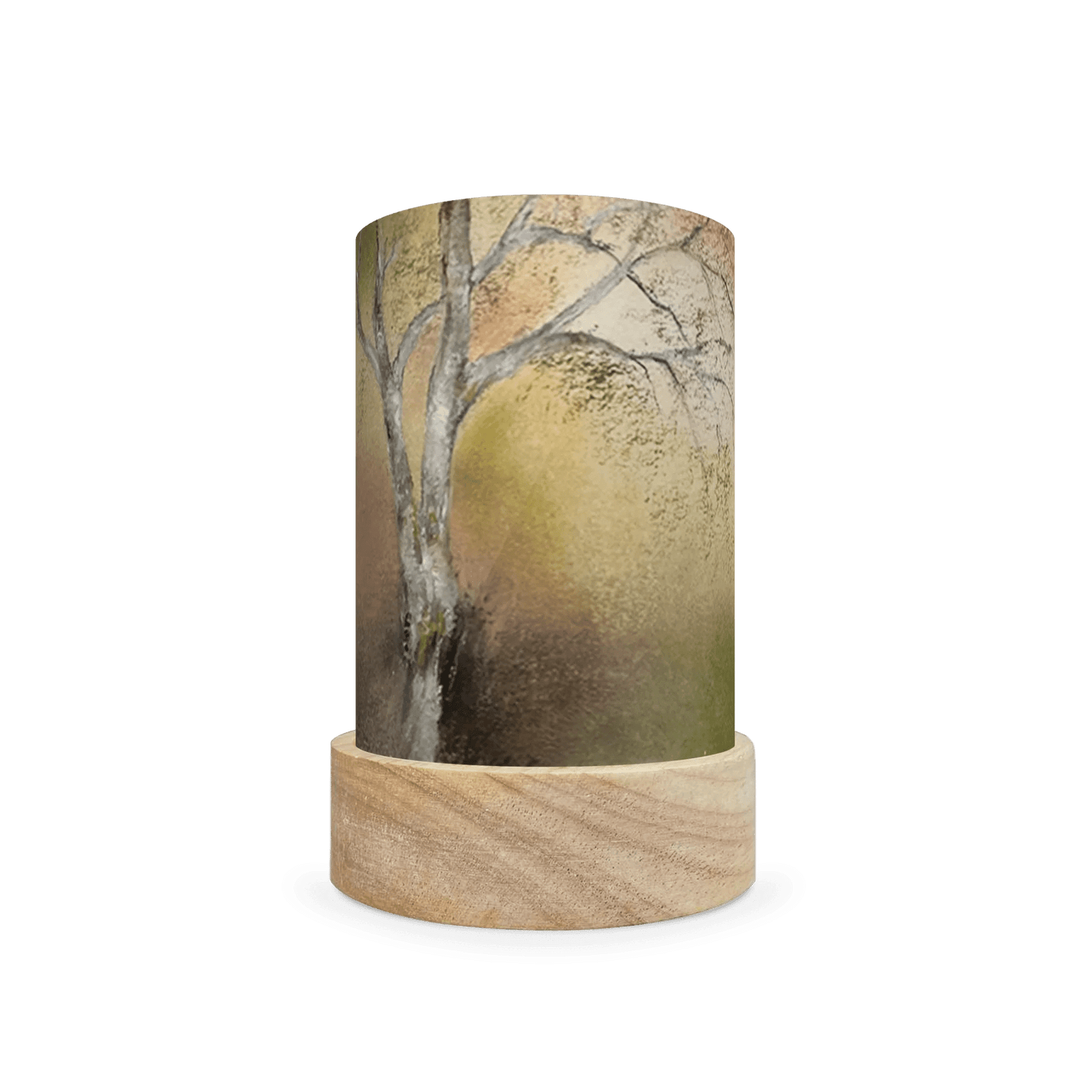Cylindrical lamp with natural design depicting a birch tree on a wooden base