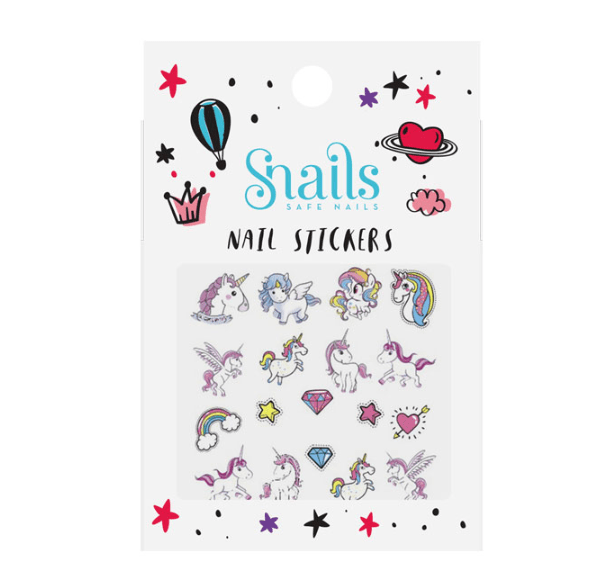 Pack of nail stickers with unicorn designs on a white background