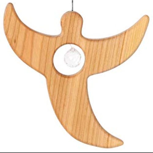 Wooden angel-shaped suncatcher with crystal hanging against a white background