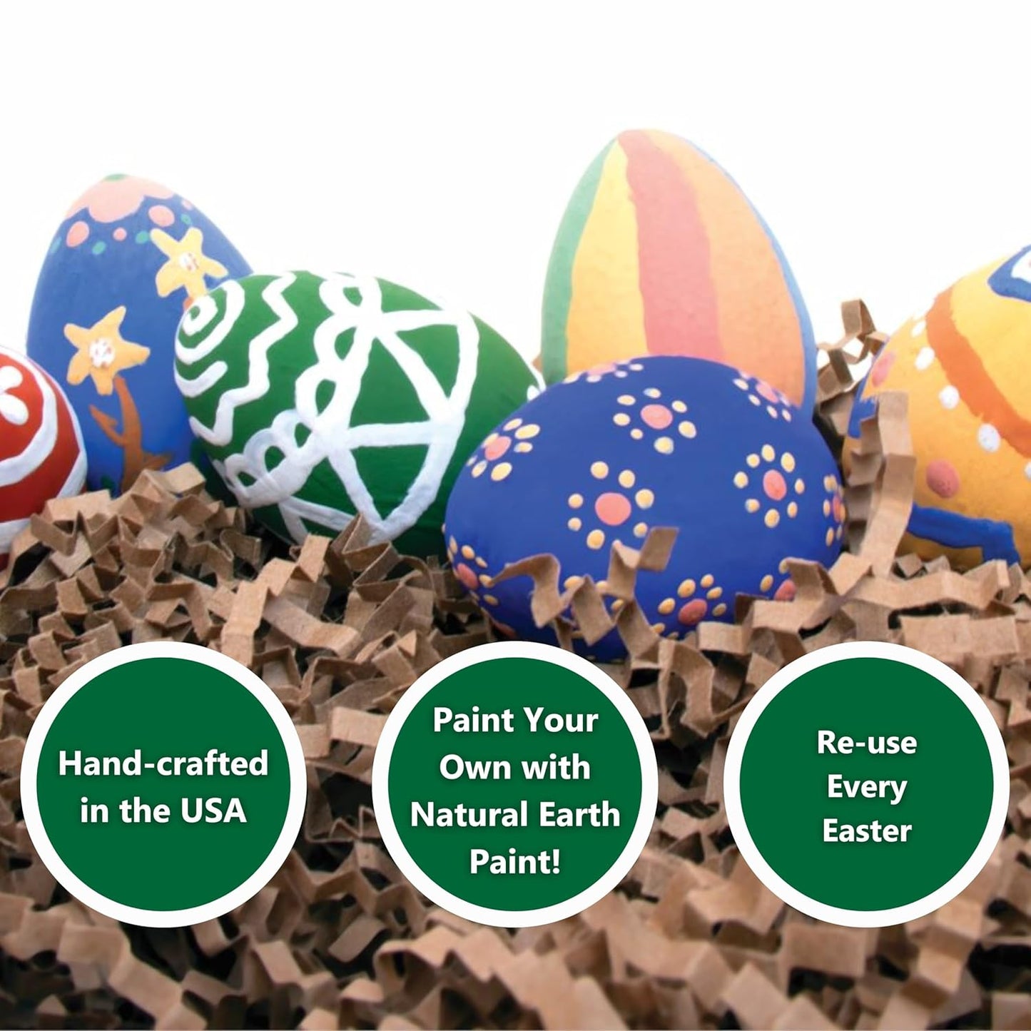 Colorful hand-painted Easter eggs on cardboard with text about their features.