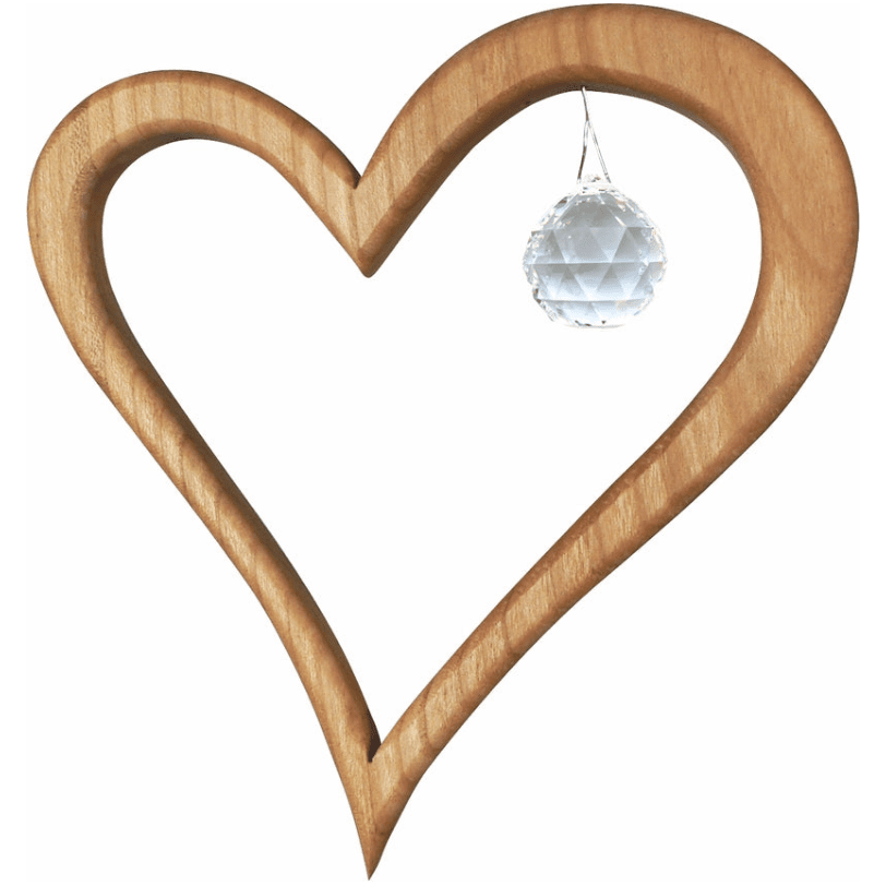 Wooden heart-shaped suncatcher with crystal on a white background