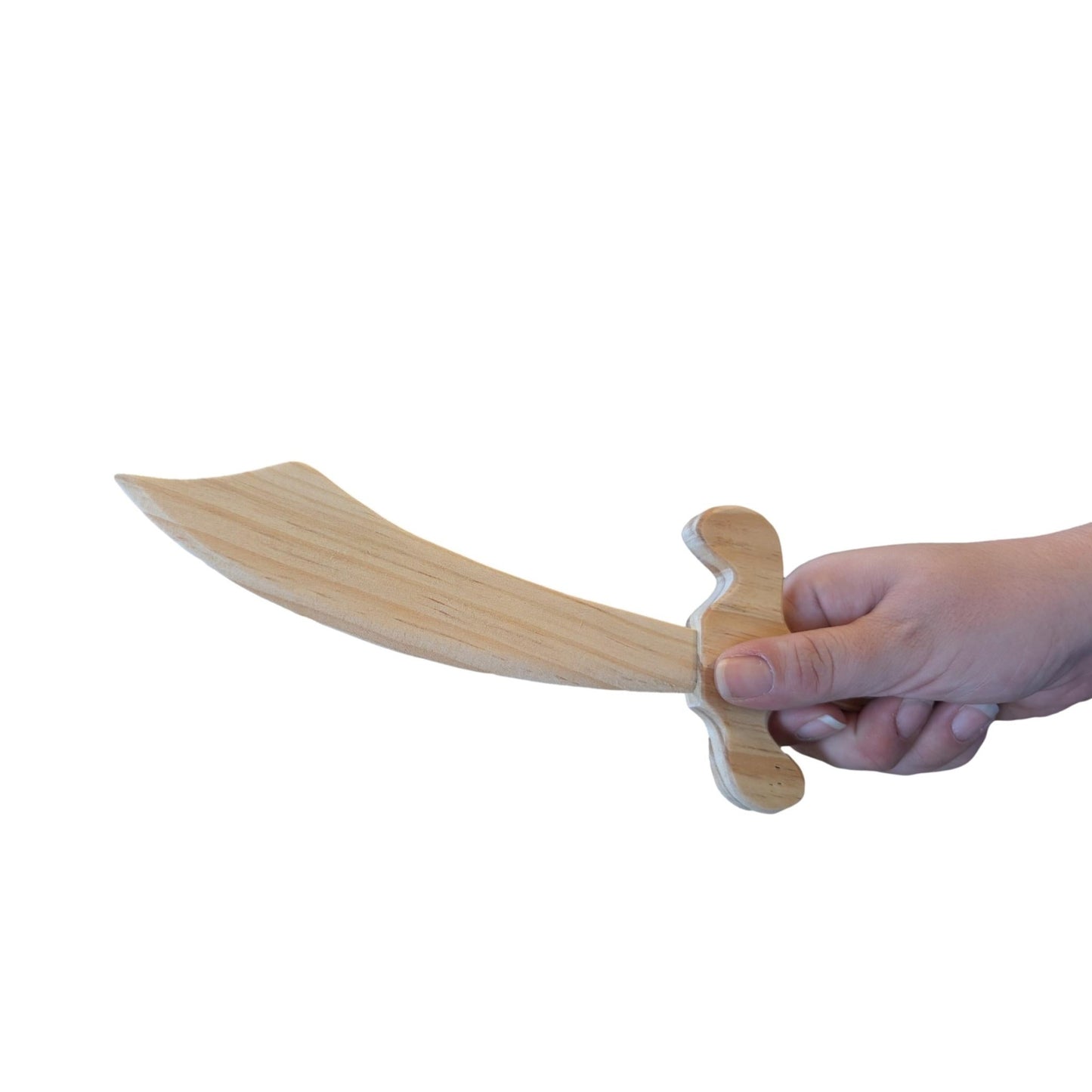 Wooden sword cutlas held by a hand on a white background