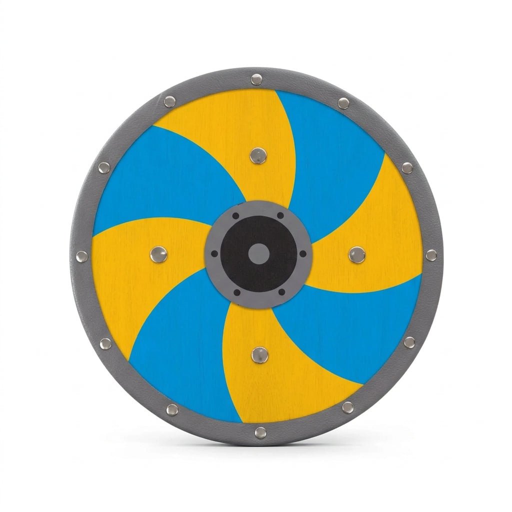 Children's toy shield with blue and yellow spiral pattern with gray trim on a white background