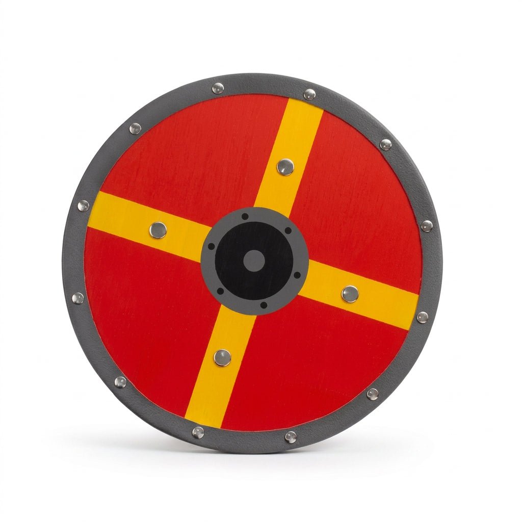 Round red and yellow children's shield on a white background